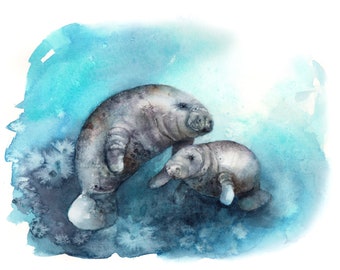 Florida manatee and baby. Sublimation art, digital download, manatee with baby