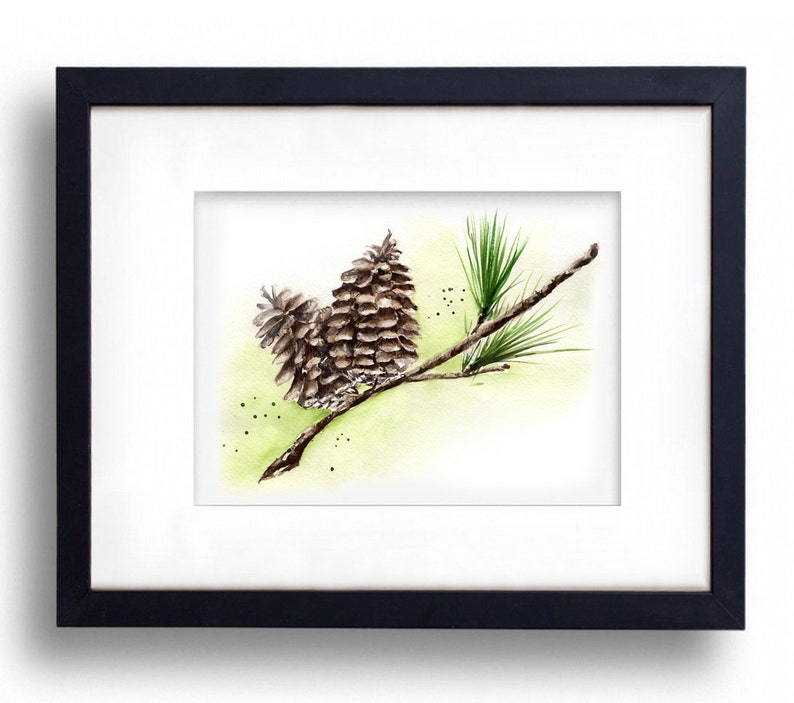 Wintery Pine Cone and Greenery Sprig, Pinecone on Spruce Tree, Holiday, Christmas, Winter scene, Watercolor Art Print image 3