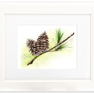 Wintery Pine Cone and Greenery Sprig, Pinecone on Spruce Tree, Holiday, Christmas, Winter scene, Watercolor Art Print image 2