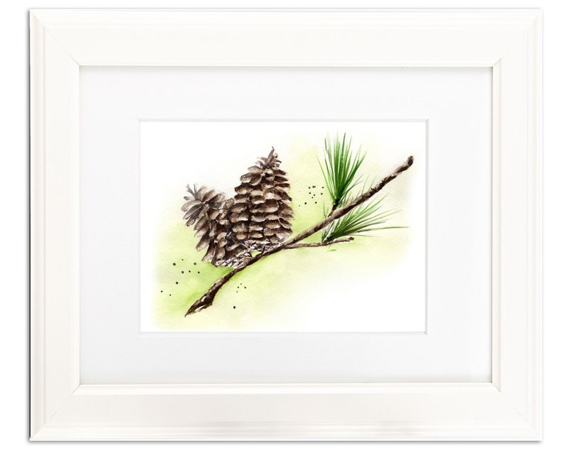 Wintery Pine Cone and Greenery Sprig, Pinecone on Spruce Tree, Holiday, Christmas, Winter scene, Watercolor Art Print image 2