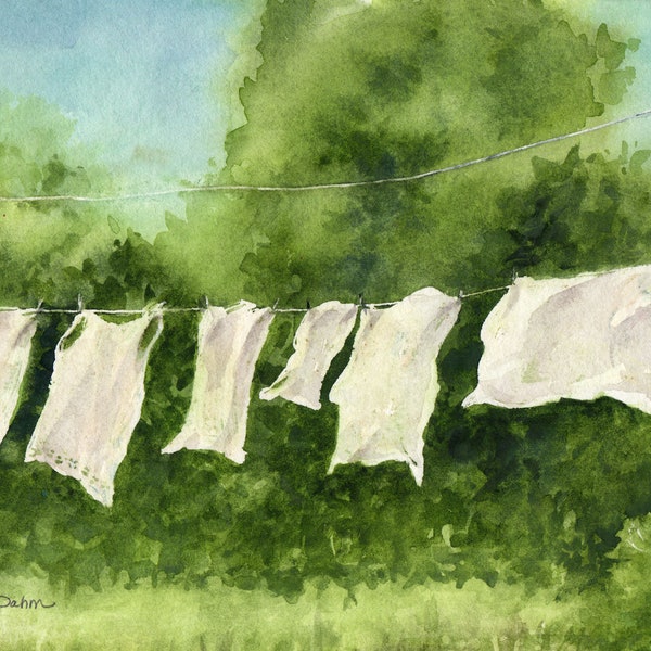 Laundry line watercolor print of white clothes and undergarments on the line