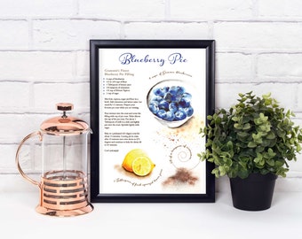 Blueberry pie recipe, bowl of blueberries, recipe art, Watercolor print / Food Illustration