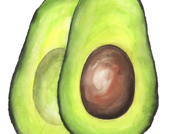 A simple avocado on a white background, avocado watercolor art print