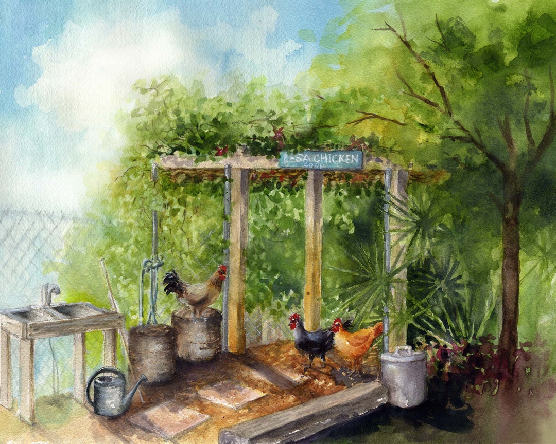 Chicken Coop Art Print Chickens Busting Out of the Coop Etsy