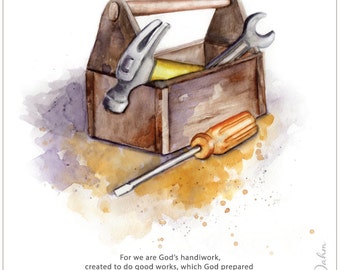 Watercolored toolbox for Dad's or Father's Day with bible scripture, Ephesians 2:10 at the bottom