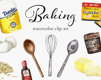 May include: Watercolor illustration of baking ingredients including a bag of Domino sugar, eggs, oats, a wooden spoon, a whisk, a slotted spoon, Hershey's cocoa, butter, and yeast packets. The word "Baking" is written in elegant script.