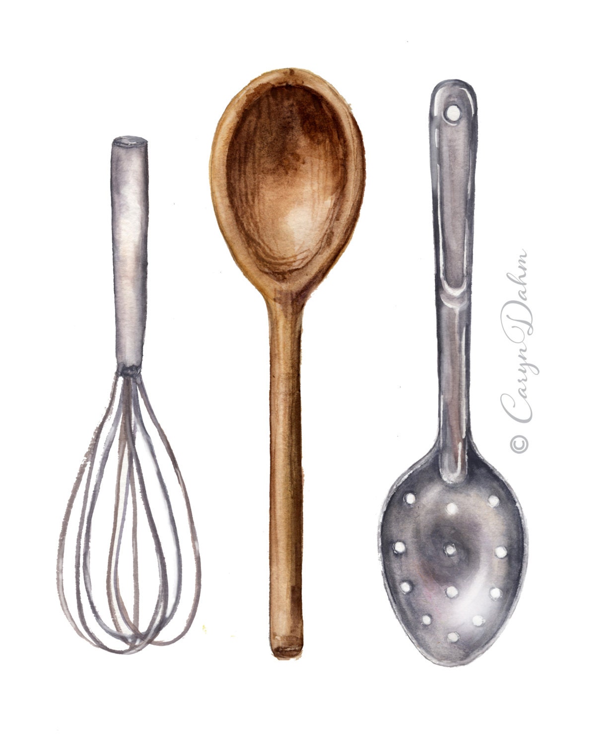 Kitchen Utensils Watercolor Art Wooden Spoon Whisk image