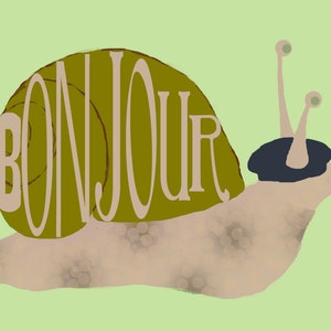 Escargot français en béret Bonjour, Bonjour Carte de voeux - Carte imprimable 5 "x 7"