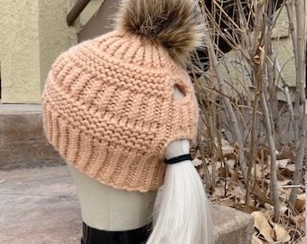 Hi-Lo Ponytail Hat -- a loom knit pattern