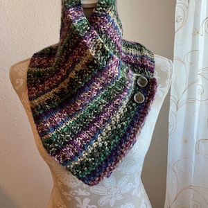 Puede incluir: Una bufanda de cuello de tortuga de punto a rayas en tonos de verde, morado, beige y marrón con dos botones plateados.