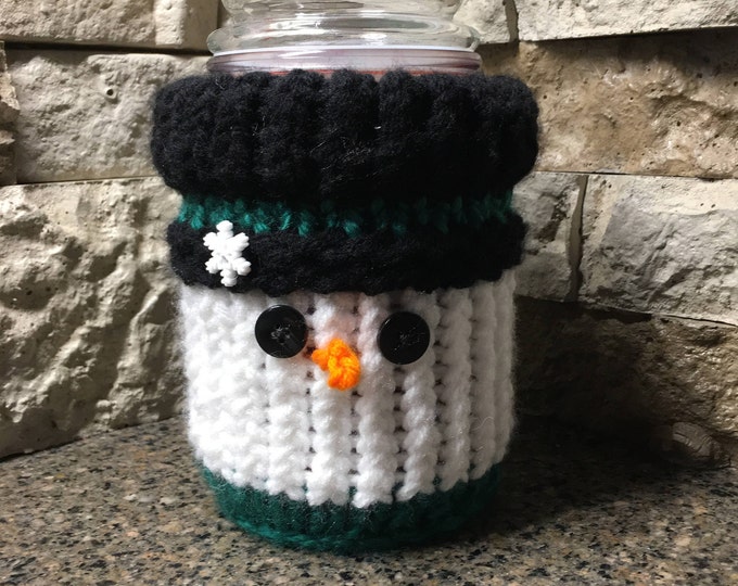 Featured listing image: Snowman Candle Jar Cozy - a loom knit pattern