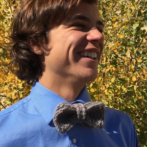 May include: A man wearing a blue button-down shirt with a gray knitted bow tie. He is smiling and looking to the right.