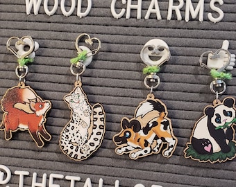 Wildlife Wood Charms - Snow Leopard, African Painted Dog, Red Fox and Giant Panda