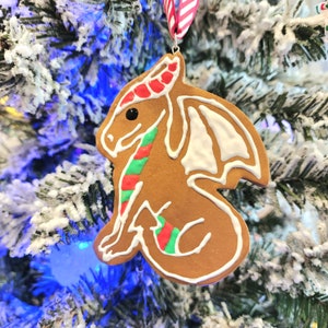Gingerbread Cookie Dragon and D20 Christmas Ornaments MADE TO ORDER Dragon