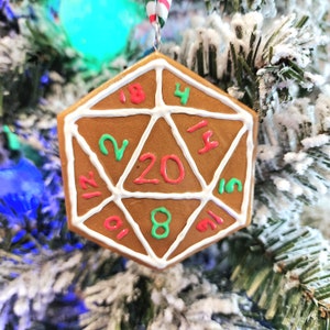 Gingerbread Cookie Dragon and D20 Christmas Ornaments MADE TO ORDER D20