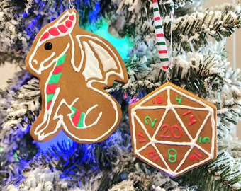 Gingerbread Cookie Dragon and D20 Christmas Ornaments - MADE TO ORDER