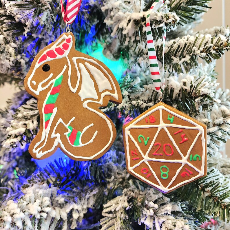 Gingerbread Cookie Dragon and D20 Christmas Ornaments MADE TO ORDER Both!