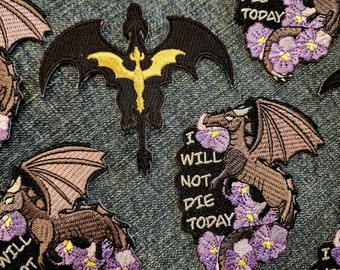 Fourth Wing 3.5in Embroidered Patches - Tairn and Andarna Tattoo / Violet I Will Not Die Today Quote