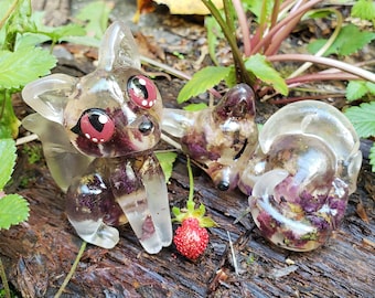 HANDMADE - Lala and Rara the Nekosune - filled with real Wisteria petals - Resin Model / Figurine - READY To SHIP!