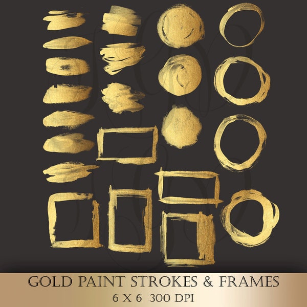 Gold Brush Strokes Clipart - gold metallic glitter paint strokes circles frames painted logo design elements clipart for scrapbooking cards