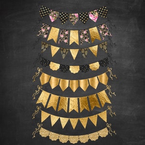 Schwarz Gold Wimpelkette Digital Clipart - Goldfolie Gold Glitzer Shabby Chic Wimpelkette Clipart Scrapbook Einladung Planer Sticker
