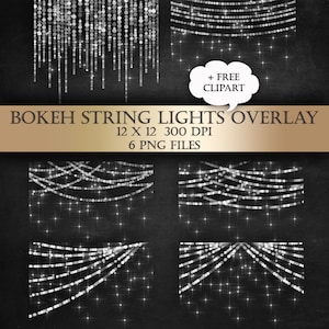 May include: Six digital overlays of white bokeh string lights on a black background. The overlays are 12 inches by 12 inches and 300 DPI.  The text "BOKEH STRING LIGHTS OVERLAY" is at the top of the image.  The text "12 X 12 300 DPI" is below the title.  The text "6 PNG FILES" is below the DPI information.