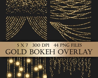 Gold Bokeh String Lights Digital Clipart Overlay - gold bunting fairy lights christmas transparent backgrounds scrapbooking invitations