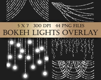 Bokeh String Lights, Digital Clipart Overlay  - silver bunting fairy lights christmas transparent backgrounds scrapbooking invitations