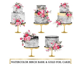 Watercolor Cake Clipart: Birch Bark & Gold Foil (Digital Download)