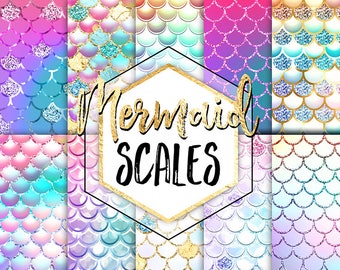 Mermaid Digital Paper zeemeermin schubben goudfolie goud glitter pastel nautische zomer planner stickers verjaardag uitnodiging baby shower card