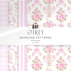 May include: A collection of "Girly" seamless patterns in pink and white. Designs include pink roses, bows, and decorative urns. Other patterns feature pink gingham, stripes, and floral elements. The image includes the text "Girly Seamless Patterns".