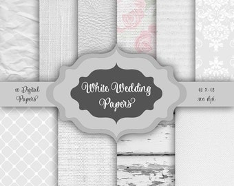 White Wedding Textures Digital Paper Pack - 10 textured papers backgrounds for scrapbooking, wedding invitations, cards - Instant Download