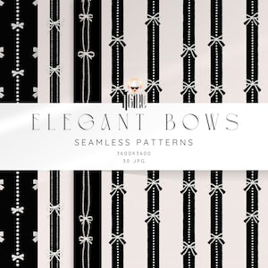 May include: Seamless patterns featuring elegant black and white bows. The designs include vertical stripes with bows and dotted lines with bows. The text "ELEGANT BOWS SEAMLESS PATTERNS" is displayed. The image also shows the dimensions 3600x3600 and 30 JPG.