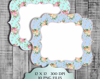 Shabby Chic Printable Labels Digital Clipart - Vintage floral  pattern journaling labels frames transparent background png clipar