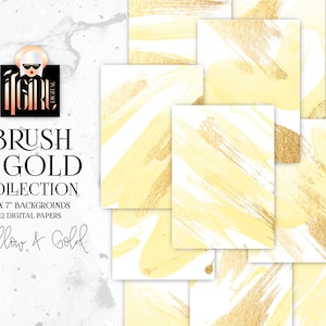 May include: Twelve digital papers featuring yellow and gold brushstrokes on a white background. The papers are 5 inches by 7 inches.