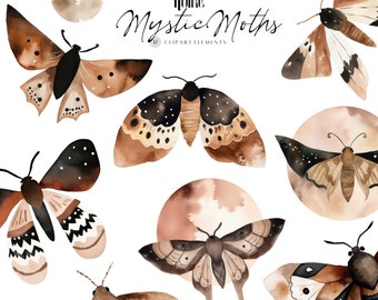 Boho Watercolor Mystical Moths Clipart celestial clipart lunar mots butterfly clipart Cottagecore Insects Witchcraft Moth PNG pagan clipart