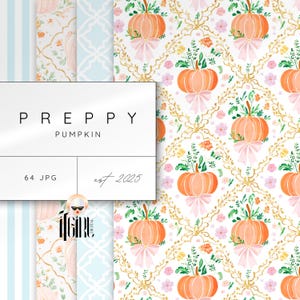 Könnte beinhalten: Digitales Papierpaket mit dem Thema "Preppy Pumpkin". Das Design umfasst Aquarellkürbisse mit rosa Schleifen, florale Akzente und goldene Filigranarbeiten auf weißem Hintergrund. Zusätzliche Muster sind Streifen und Damast.