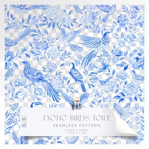 Exotiska fåglar Toile de Jouy sömlösa PNG-mönster: Akvarell blommig Chinoiserie barnrum digitalt papper, tygupprepning kakel