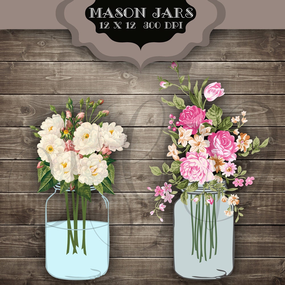 Wedding Clip art Mason Jars Digital Clipart - Vintage flower bouquet …