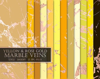 Yellow & Rose Gold Marble Digital Paper: Scrapbook Planner Texture (Digital Download)