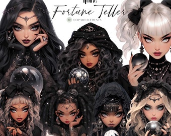 Fortune Teller Clipart: Gothic Glam Witch Stickers (PNG Digital Download)