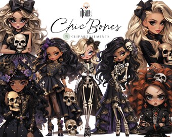 Watercolor Halloween Dolls Clipart: Spooky Skull Girl Fashion, Gothic PNG
