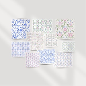 May include: A set of 10 digital paper patterns featuring floral and damask designs in shades of blue, pink, and white. The patterns are perfect for scrapbooking, card making, and other craft projects.
