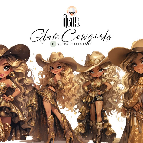 Blonde Glam Cowgirl Clipart, cute girl clipart, western clipart, boots clipart, gold clipart, doll clipart digital download sublimation png