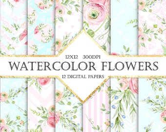 Watercolor Floral Digital Paper: Shabby Chic Roses (Digital Download)