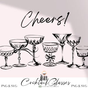 Hand Drawn Whimsical Cocktail Glasses Clipart, martini clipart, wedding timeline, wedding clipart, the bar, Bachelorette party, cocktail SVG