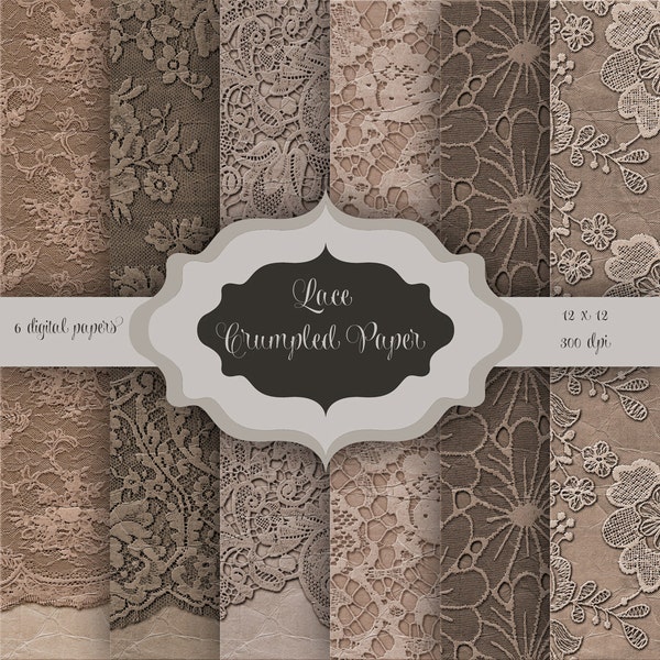 Crumpled Kraft LACE Digital Paper Pack - Vintage lace crumpled pattern background for scrapbooking, wedding invitations, cards, backdrop