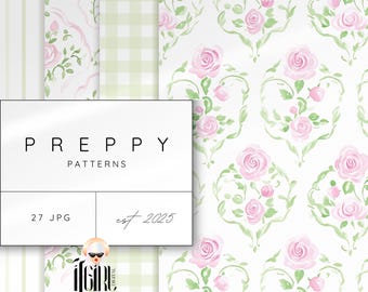 Patrones Grandmillenial, Papel digital preppy sin costuras, Floral, Rosas de acuarela, Patrón repetitivo vintage, Coqueta, Grand Millenial
