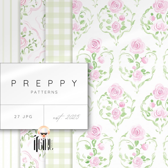 Grandmillenial Patterns, Preppy Seamless Digital Paper, Floral, Watercolor Roses, Vintage Repeating Pattern, Coquette, Grand Millenial