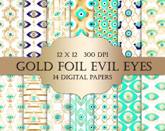 Gold foil Evil Eye Digital Papers - gold foil evil eye third eye hamsa hand of fatima bohemian yoga hippie scrapbooking invitation planner